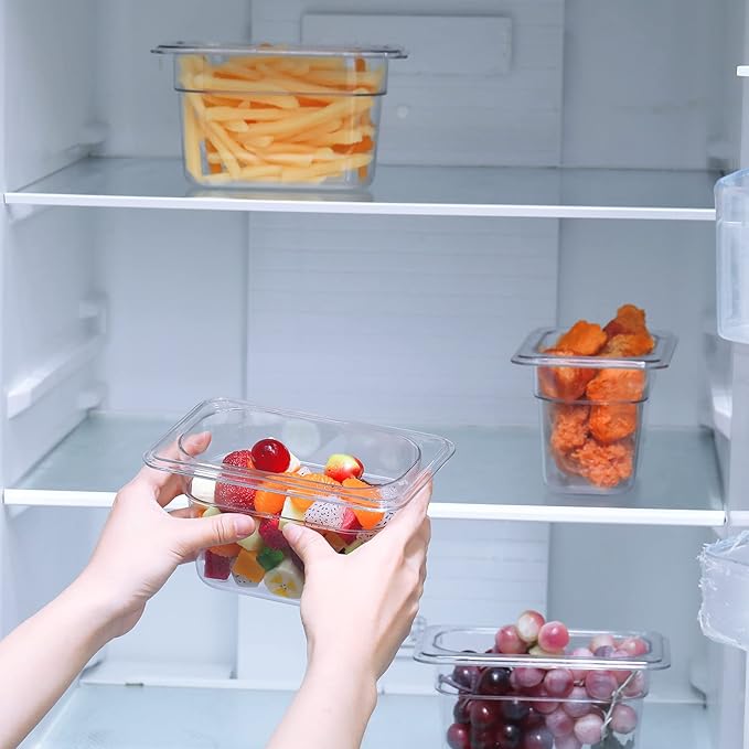 Mumufy 12 Packs Plastic Clear Food Pan 1/9 Size Deep Stackable Polycarbonate Pan with Capacity Indicator Restaurant Commercial Hotel Pans for Fruits Vegetables Beans Corns (4 Inch)