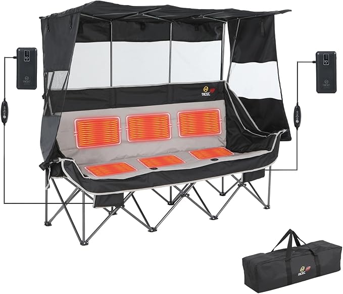 Nice C Heated 3 Person Camping Chair with Canopy Heated Double Camping Chairs with Battery Portable Oversized Padded Sports Umbrella Chair with Shade Cup Holder Cooler Bag for Lawn Outdoors
