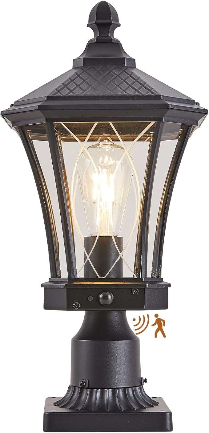 Motion Sensor Outdoor Post Lights with Pier Mount Base Dusk to Dawn Outdoor Pillar Lamps Waterproof Exterior Post Lamp with Patterned Glass Outdoor Pole Lights for Patio Porch Gate