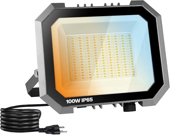 1 Pack LED Flood Lights Outdoor 3CCT 3000/4000/6000K Selectable 100W 10000LM Floodlight Outside Work Light with 5.9FT Plug IP65 Waterproof LED Flood Light for Garage Yard Lawn Garden