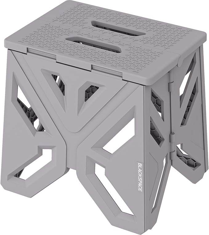 BLACKSPACE Foldable Step Stool 12 Inch Compact Portable Plastic Stool with Handle Lightweight for Camping Hiking Fishing Garden BBQ Indoor Outdoor Use(30cm Gray)