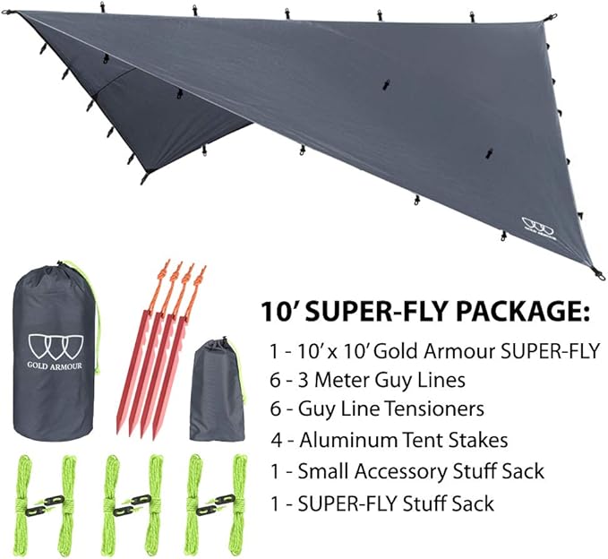 Gold Armour Rainfly Tarp Hammock Premium 14.7ft/12ft/10ft/8ft Rain Fly Cover Waterproof Ultralight Camping Shelter Canopy Survival Equipment Gear Camping Tent Accessories (Gray 10ft x 10ft)
