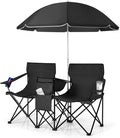 COSTWAY Double Portable Picnic Chairs Folding Camping Chairs w/Detachable Umbrella Cooler Bag Cup Holders Patio Beach Camping Chairs for Outdoors