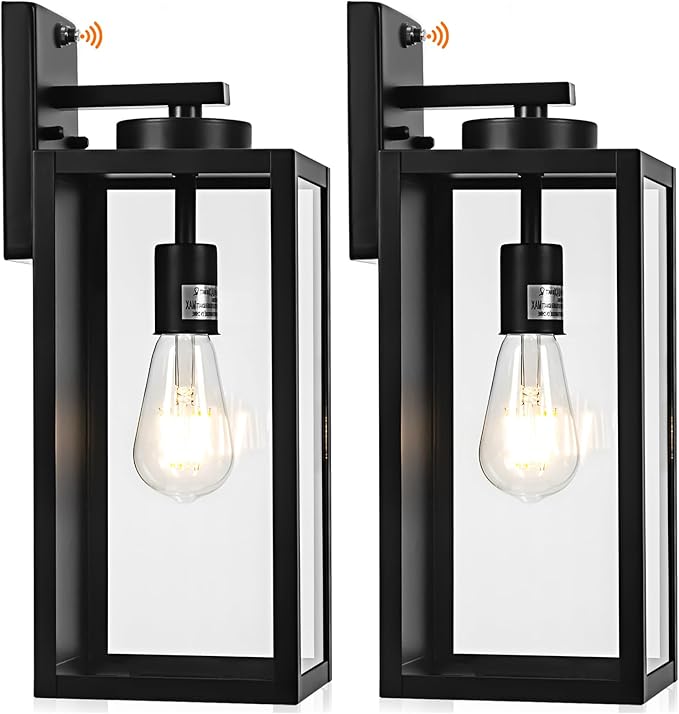 16-inch Dusk to Dawn Outdoor Wall Light Fixture Large Black Exterior Wall Lantern Waterproof Farmhouse Porch Sconce Lighting Modern Wall-Mounted Outside Lights for House Garage Patio Lamp 2 Packs