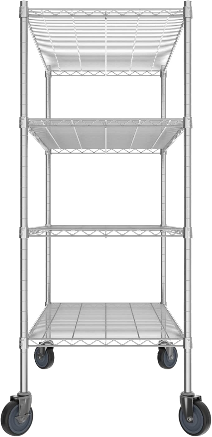 Commercial NSF Listed Chrome Mobile Wire Shelving Kit 24 x 48 x 60 with 4 Shelves Perfect for Warehouse Walk-in Refrigerator Freezer Grocery Store Restaurant Dishroom