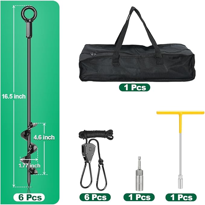 Tent Stakes Anchors 16-in 6 Pack RV Awning Tie Down Kit for Wind-Proof with Retractable Ratchet Straps Camping Stakes Heavy Duty for Tents Beach Umbrellas Canopies Carport Campers