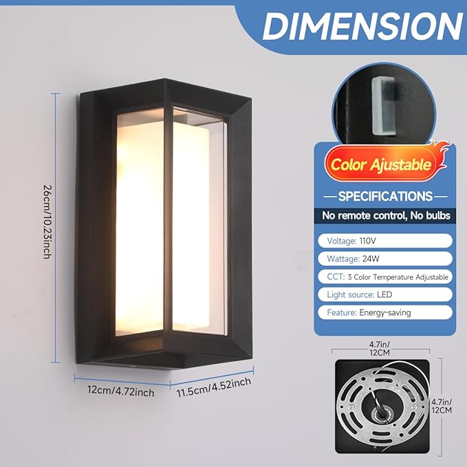 Outdoor Modern Wall Sconce Lights15%-100% Dimmable Indoor Wall Light Fixtures3000K/4000K/6500K Adjustable24W Exterior Wall LightingWaterproof Outdoor Porch Light2160LM Indoor Wall Sconce 1 Pack