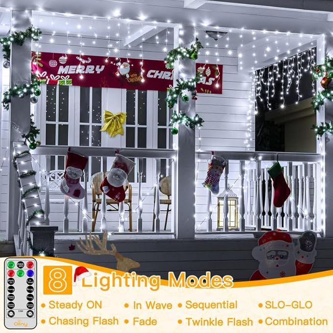 Ollny Icicle Lights for Outside 504LED 41FT Cool White Christmas Light with Remote 8Modes Timers Waterproof Plug in Connectable Hanging Lights for Outdoor Indoor House Roof Holiday
