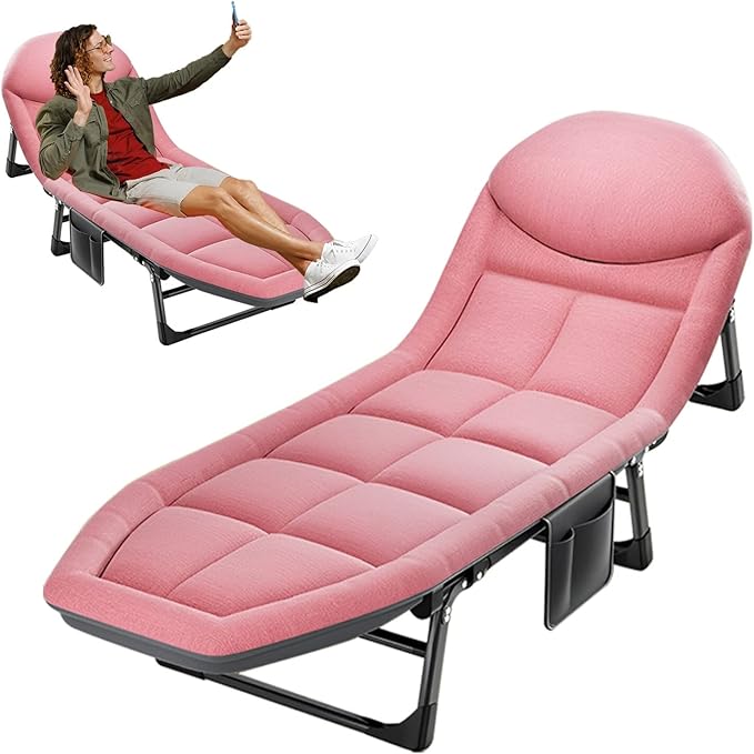 Portable Outdoor Folding Lounge Chair with Adjustable Sleeping Cot Dark Gray Chaise Lounge Chair for Beach Lawn Camping Pool Sun Tanning