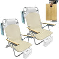 2 Pack Low Backpack Beach Chair with Folding Bamboo Table for Adults 5-Position Lay Flat Reclining Chair Lightweight with Cooler Bag Supports 265 lbs
