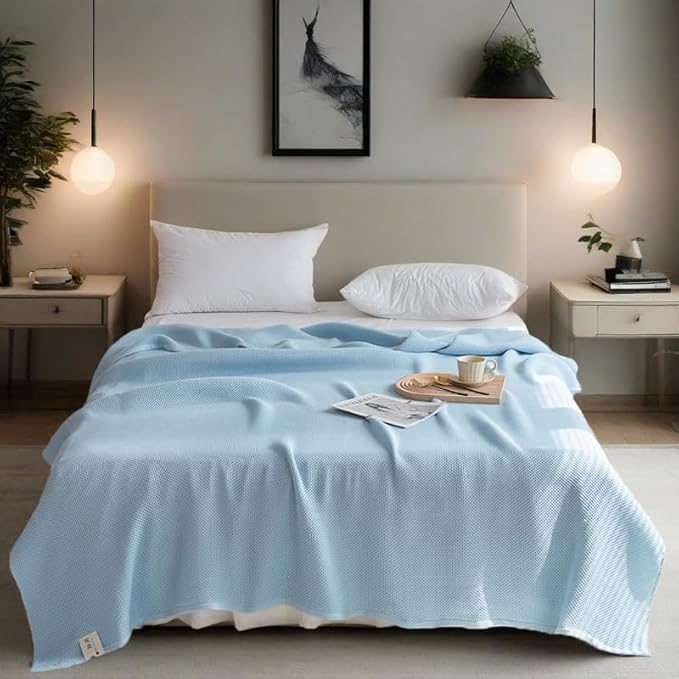 Bnitoam 100% Cotton Waffle Weave Blanket for Bed Couch Sofa Twin Size 60x80 Ultra Soft Breathable Cooling Cellular Blanket for Adult Lightweight All Season Machine Washable Blue (Blue 60x80)