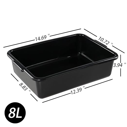 Jekiyo 4 Pack Small Commercial Bus Tub Box 8 Liter Plastic Bus Tray Black Wash Basin