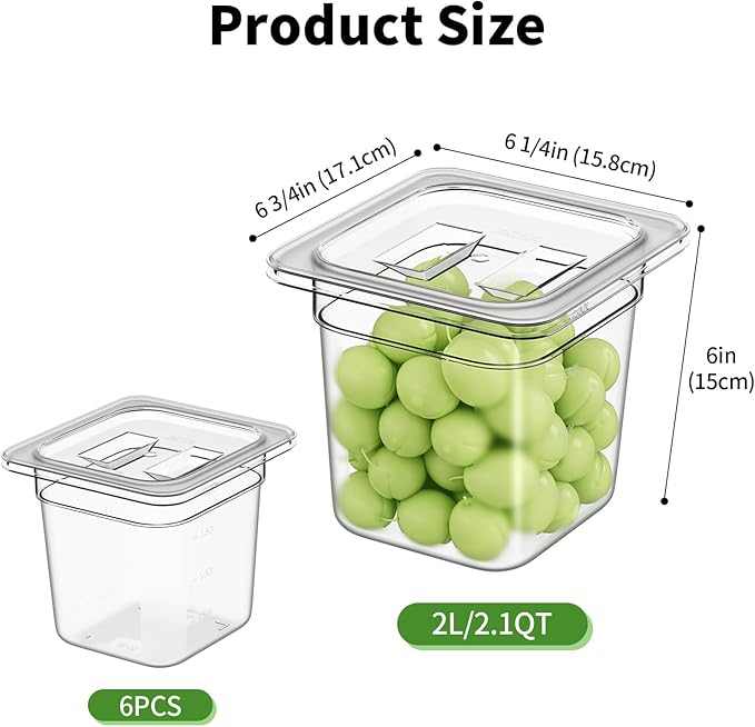 1/6 6'' 6 Pack Plastic Food Pans With Lids Clear Food Pan Commercial Stackable Polycarbonate Freezer-Safe for Fruits Vegetables Restaurant Kitchen