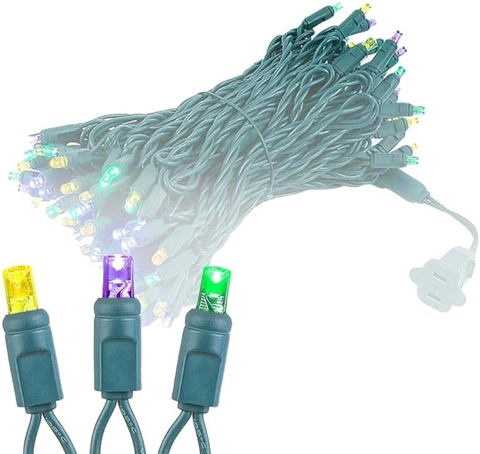 Novelty Lights 50ft 100 LED Yellow/Purple/Green Mardi Gras Lights Outdoor/Indoor 6 Spacing Green Wire String Lights for Festive Xmas Lighting IP55 UL Listed Dimmable Connectable