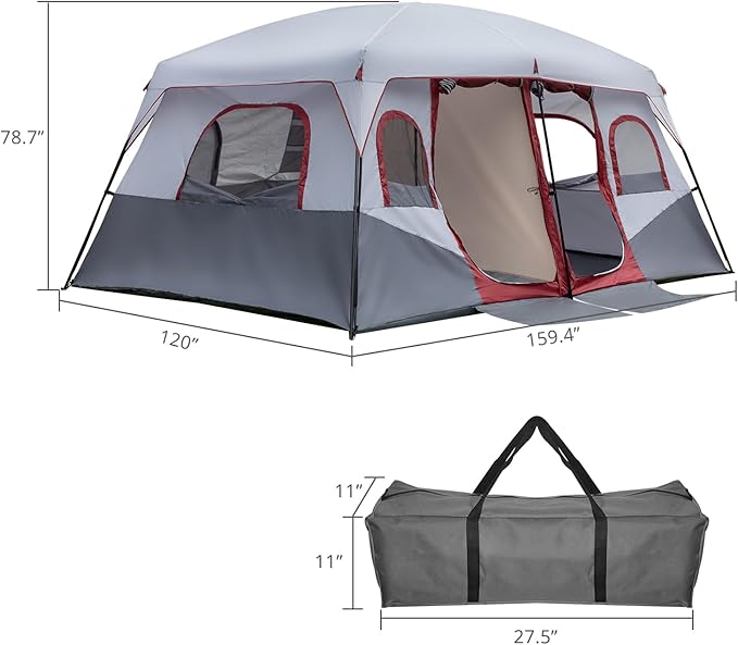 10-Person Family Cabin Tent 2-Room 405×305×200cm Waterproof 190T PU Oxford Fabric Tent with Adjustable Ventilation for Camping Hiking (Red &amp Gray &amp White)