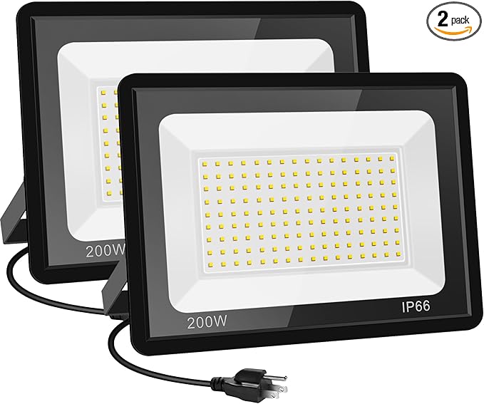 200W LED Flood Lights 2 Pack 3000K Warm White Security Lights Outdoor IP66 Waterproof Backyard Garden Garage