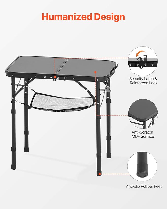 VEVOR Folding Camping Table Adjustable Height Aluminum MDF Outdoor Portable Lightweight for Cooking Beach Picnic Travel 24 x 16 inch