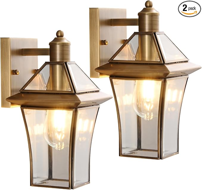 Waterproof Brass Outdoor Wall Lanterns (2-Pack) - E26 Socket &amp Glass Shade Exterior Wall-Mounted Lights Rustproof Modern Sconces for Front Door Porch Yard &amp Entryway