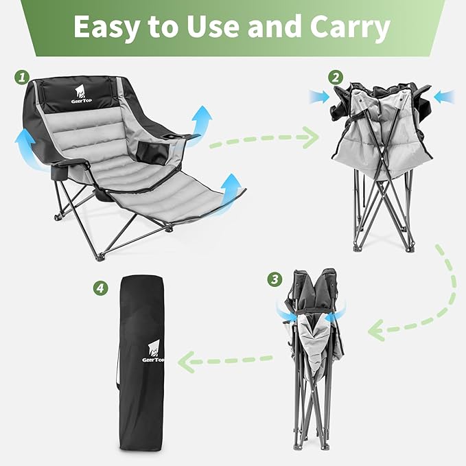 GEERTOP Oversized Padded Camping Chair for Adults with Removable Foot Rest Heavy Duty Extra Wide Compact Outdoor Folding Chair with Cup Holders 400lbs Capacity for Lawn Fishing Sports