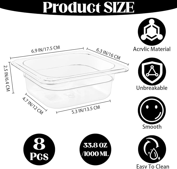 8-Pack 1/6 Size Polycarbonate Food Pans - 2.5 Deep Clear Commercial Hotel Pans for Prep Tables &amp Buffet - Shatterproof Stackable Cold Food Storage Containers (6.9 x 6.4)
