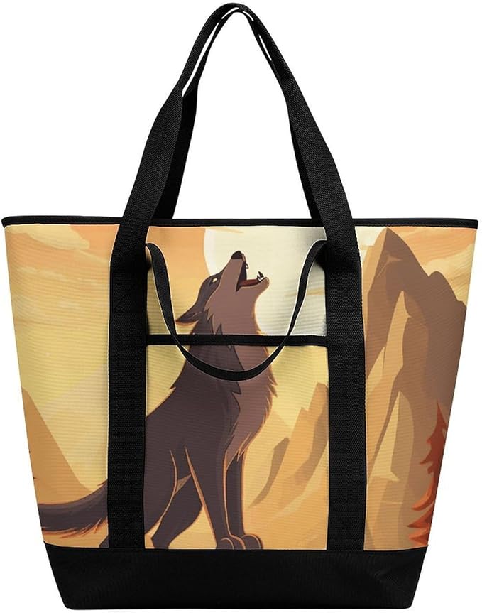 Insulated Shopping BagLarge Reusable Cooler Bags Wolf Printed Foldable Shopping BagTravel Waterproof Shoulder Bag