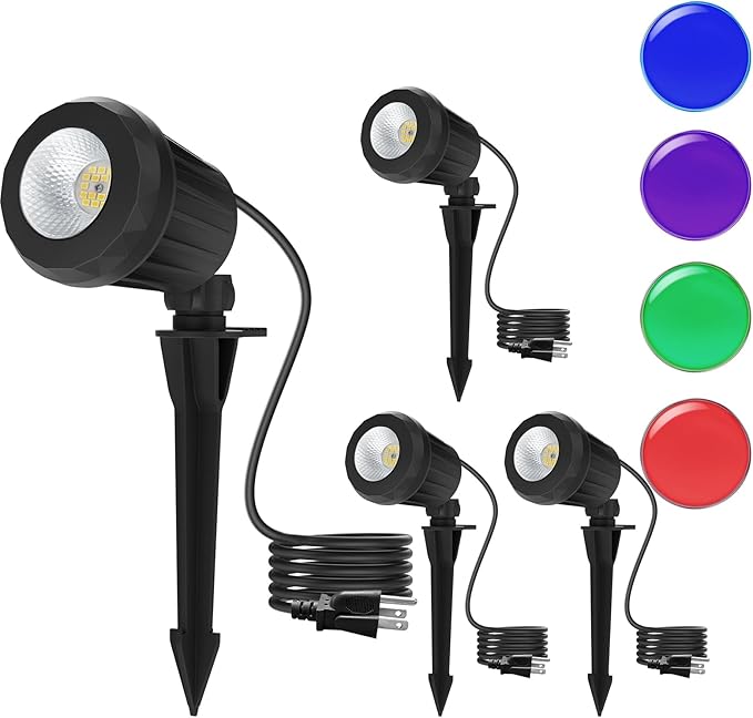 Spotlight Outdoor – 120V Plug-In 6500K Cool White LED Landscape Lighting with RGB Purple 4 Color Lenses for Yard Garden Lawn &amp Tree Decor on Holidays&ampEveryday IP67 Waterproof (4 PackBlack