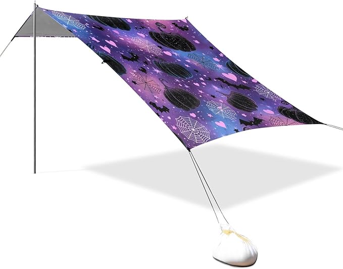 ALAZA Pumpkin Bat Heart Spider Web Halloween Beach Tent Sun Shelter UPF50+ Protection Beach Shade Canopy w/ 4 Sandbags for Outdoor Camping Fishing Backyard Fun Picnic 10x9 ft