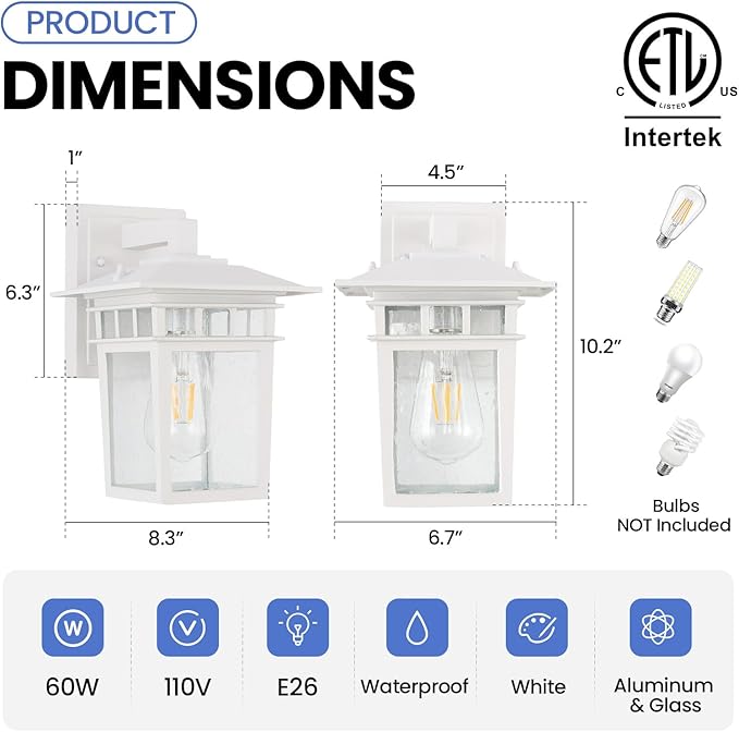 Outdoor Wall Lantern Exterior Lighting Fixtures Wall Mount 2 Pack White Outdoor Sconces with Seeded Glass Exterior Porch/Patio Lights for House Front Door Garage