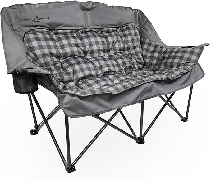 Black Sierra Double Camping Chair for Adults Oversized Folding Loveseat Supports 600 lbs Plush Padded Outdoor Couch with Cup Holders and Carry Bag for Beach Patio RV or Tailgating Events