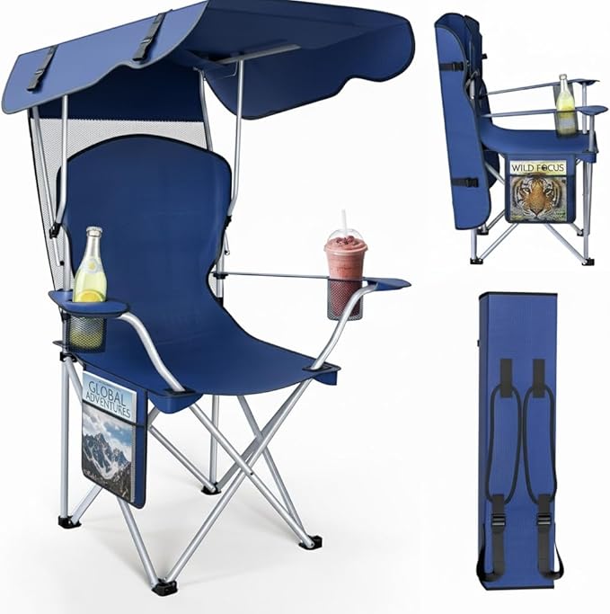 Portable Folding Camping Chairs with Canopy Shade Beach Chair for Adults Durable Weather Resistant 600D Oxford Cloth Camping Chair with Canopy for Outdoors [Navy]