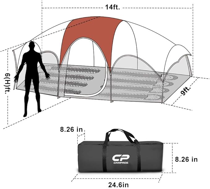 CAMPROS CP Tent 8 Person Camping Tents Weather Resistant Family Tent 5 Large Mesh Windows Double Layer Divided Curtain for Separated Room Portable with Carry Bag