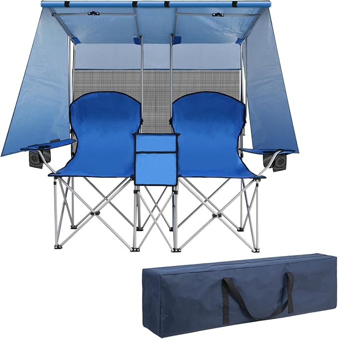 ptlsy Double Camping Chair with Canopy Folding Two-Person Seat Portable Outdoor Loveseat with Shade Folding Chairs for Beach Lawn and Outdoor Activities (Blue)