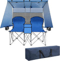 ptlsy Double Camping Chair with Canopy Folding Two-Person Seat Portable Outdoor Loveseat with Shade Folding Chairs for Beach Lawn and Outdoor Activities (Blue)