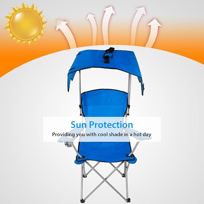 Moclever Folding Canopy Camp Chair – Heavy Duty Beach Chair with Sun Protection Cup Holder &amp Padded Armrests for Outdoor Camping Lawn Park Patio (Blue)