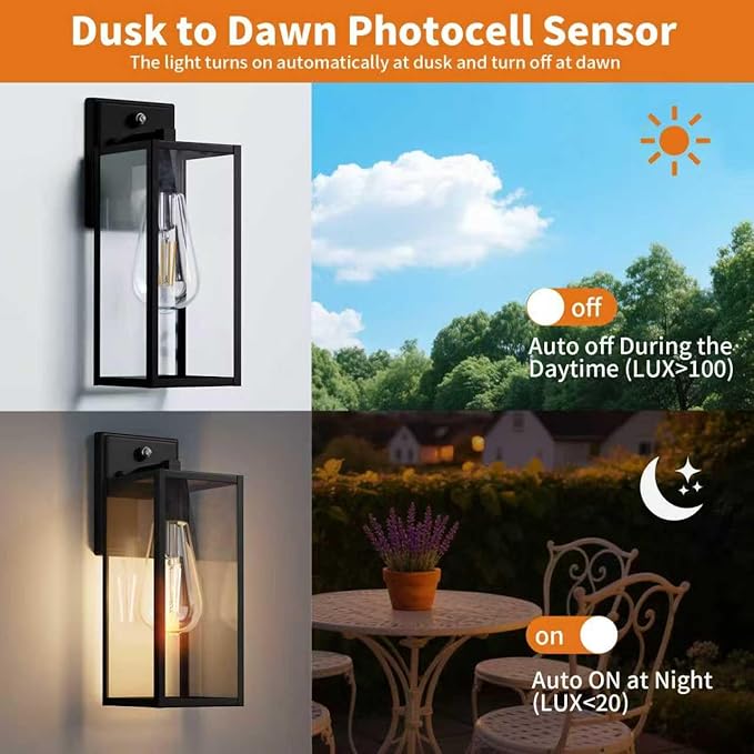 15'' Black Dusk to Dawn Outdoor Front Porch Lights for Outside Large Exterior Lighting Fixtures Wall Mount for House Wall Sconce Lamp Waterproof Lantern Coach Lights for Garage EntrywayYard