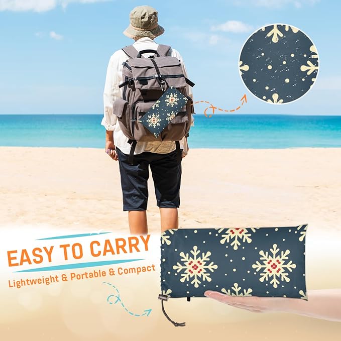 Waterproof Sandproof Beach Blanket 59''×68'' Blue Background Polyester Outdoor Picnic Blanket with 4 Stakes &amp Storage Bag for BeachCampingVacation Snowflake