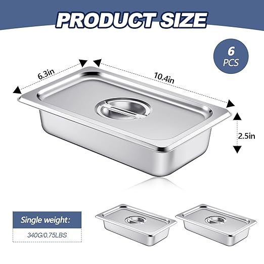 Mifoci Stainless Steam Hotel Pan with Lid 2-1/2 Inch Deep Steam Table Pan Restaurant Supplies Reusable Anti Rust Catering Storage for Home Party Restaurant Hotel Buffet(6 Sets1/4 Size)