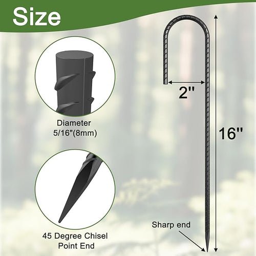 16 Inch J Hook Rebar Stakes 30 Pack Heavy Duty 5/16 Inch Diameter Black E-Coated Steel Wind Resistant Ground Anchors for Trampoline Bounce House Dog Kennel Chain Link Fence &amp Gazebo