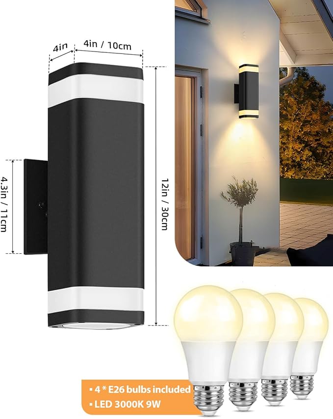 SHIMR Dusk to Dawn Outdoor Wall Light with Sensor 2 Pack Waterproof Up and Down Outdoor Sconce Lights Modern Black Aluminum Exterior Lighting Fixtures for Porch Patio Garage LED Bulbs Included