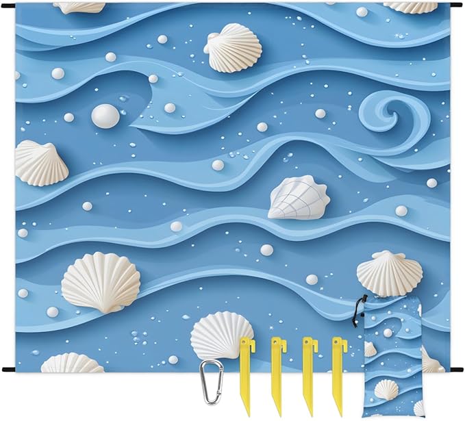 Waterproof Sandproof Beach Blanket 59''×68'' Textured Shell Pattern Polyester Outdoor Picnic Blanket with 4 Stakes &amp Storage Bag for BeachCampingVacation