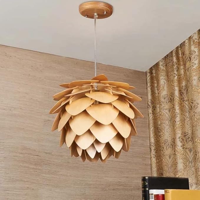Modern Art Wood Wooden Pinecone Pendant Lights Christmas Decorations for Home Restaurant Farmhouse Hanging Lamps Home Living Room Kitchen Island Dining Room Entryway Hallway Fixtures (12'')