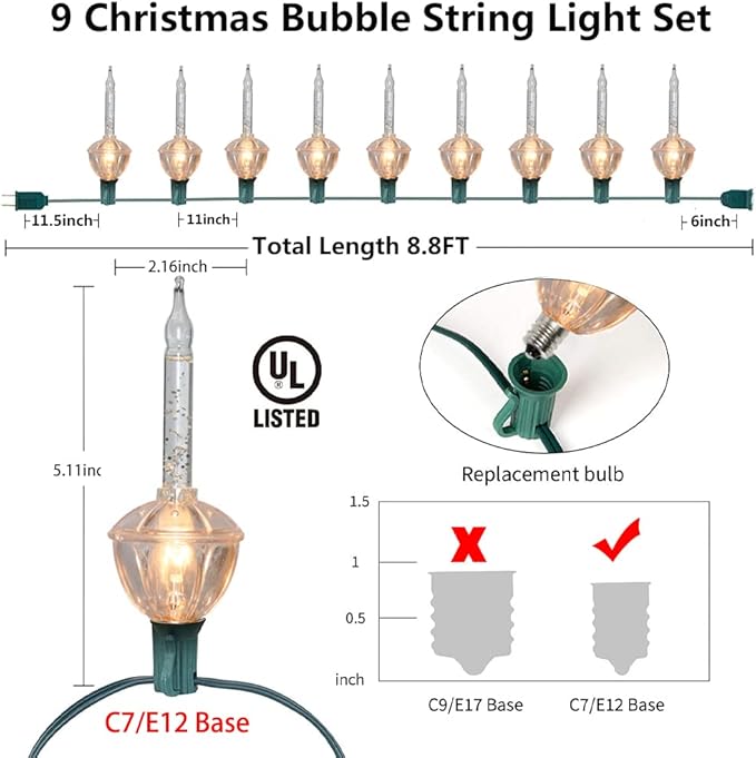 Silver Bubble Lights for Christmas Tree8.8Ft Vintage Bubble Lights with 10 Clear Silver Glitter Bulbs(1 Spare) C7 Christmas Bubble Decoration for Indoor Outdoor Patio Porch Tree Party Decor