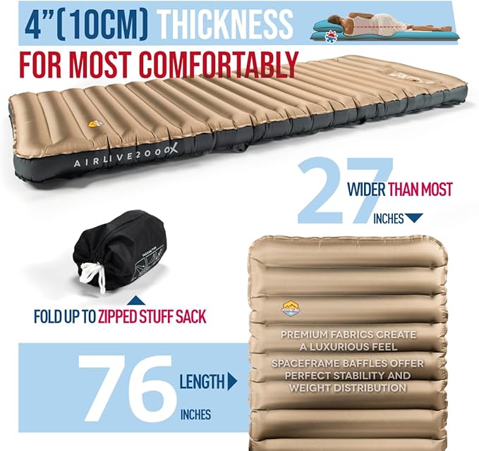 ZOOOBELIVES 3D Wrapping Inflatable Camping Sleeping Pad with Built-in Pump Extra Thick and Wide Ultimate Comfortable Compact Camp Air Mat for Tent Car Traveling and Backpacking - Airlive2000X