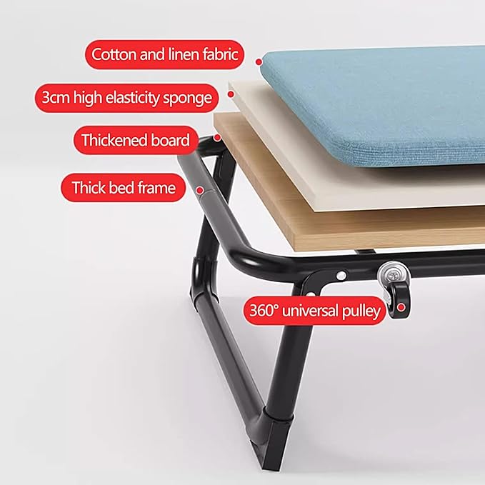 Portable Folding Bed for Adults 4 X 360° Universal Wheels 6 Positions Adjustable Reclining Folding Camping Cot Free Cushion and Dusts CoverBlue-190 * 63 * 35cm