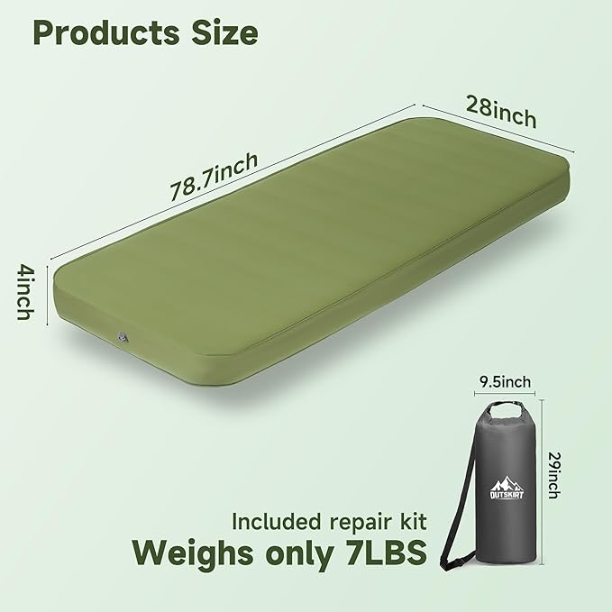 OUTSKIRT Camping Mattress Self Inflating Sleeping Pad with Pump Sack Foam Camping Pad for Sleeping 4” Thickness Sleeping Mat for Camp/Travel/Car/Tent 4 Season Camp Air Mattress