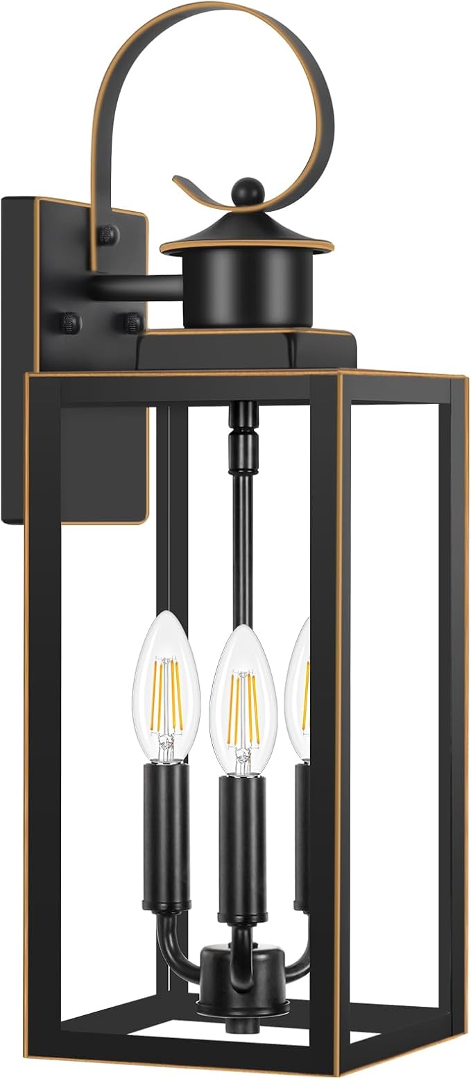 3-Light Outdoor Wall Light Fixtures 19 Inch Large Waterproof Exterior Wall Sconces with Glass Shades Black with Gold Trim Anti-Rust Outside Wall Lantern for House Front Porch Patio Garage