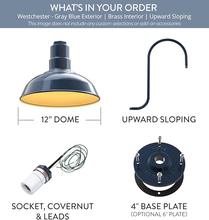 Steel Lighting Co. Westchester Barn Light | Outdoor Wall Mounted | 12 inch Dome | Upward Sloping Gooseneck | Warehouse Steel Light Made in America | Gray Blue Exterior/Brass Interior