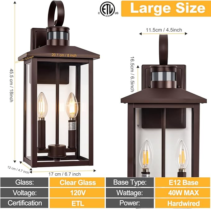 Large Exterior Sconce Motion Sensor 18 Bronze Dusk to Dawn Exterior Light 2-Light Brown Outdoor Light Fixture Aluminum Outdoor Dusk to Dawn Light with E12 Socket for Porch House Door Garage