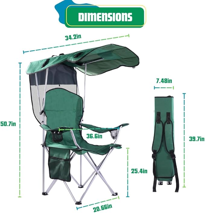 EZONE Folding Canopy Camp Chair for Outdoors Shade Canopy Portable Chair Camping Tailgates Beach Pool Lawn Chair Sunshade Travel Chair Folding Camping Chair (Upgraded - Green)