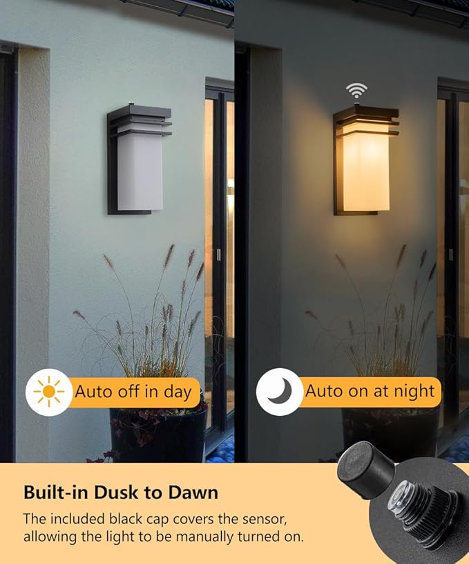 Dusk to Dawn Outdoor Wall Sconce Black Modern Wall Lights Fixture with White Frosted Glass 12 inch Exterior Porch Sconce Lighting Wall Mount for House Patio E26 Base